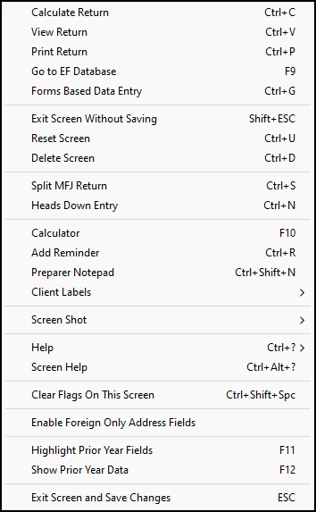 Image of the right click menu within data entry